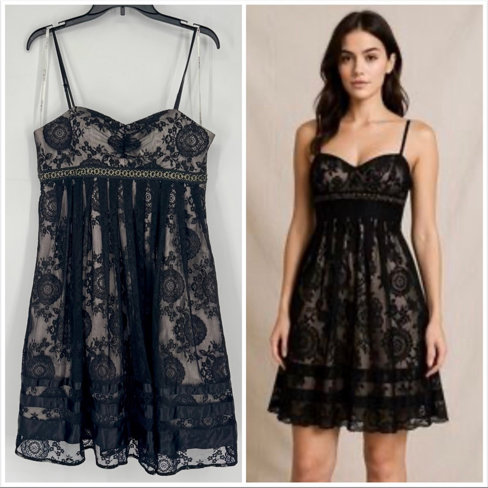 Y2K OC Oleg Cassini Silk Mini Dress with Lace Overlay Size 10 Silver & Black